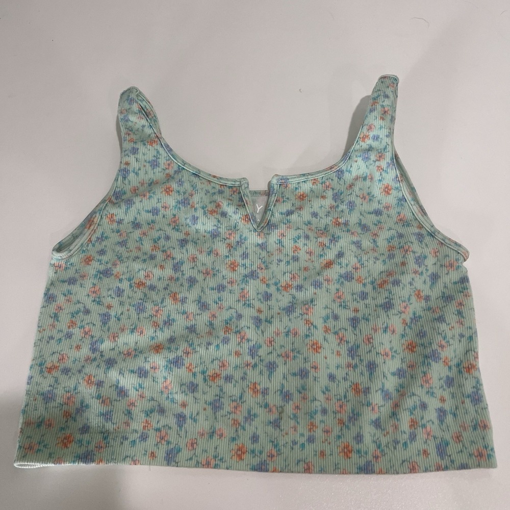 Aeropostale Small Women's Seriously Soft Cropped Tank Floral Green Blue Crop Top